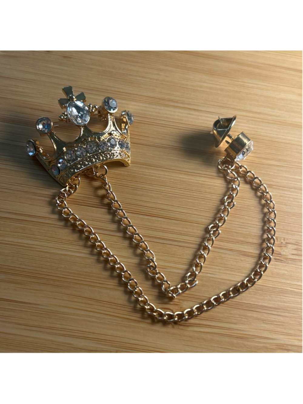 Women's Unbranded Gold Crown Brooch with Chain, One Size, Gold and Clear